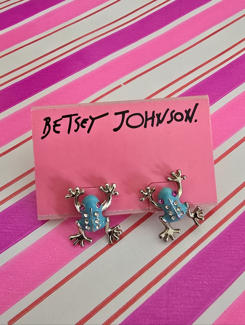 Betsey Johnson Turquoise Blue Frog Stud Earrings Silver Tone